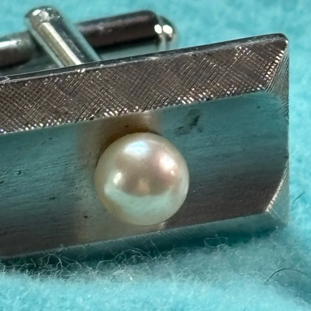 Sterling Silver Heavyweight MCM Genuine Pearl Vintage Cufflinks Rectangular